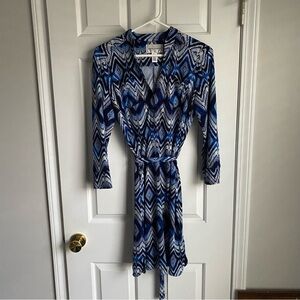 Donna Morgan Blue Patterned Long Sleeve Dress 8
